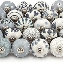 ROCOCO Door Knobs and Pulls - Vintage Assorted Blue Pottery Ceramic Drawer Handle for Kitchen Cabinets Home Interior Decor Hardware - Grey - Pack of 6 Knobs-image-103