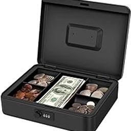 Flexzion Cash Box with Money Tray and Lock - Black Metal Cash Box for Small Businesses - 9-Compartment Money Box with Lock and Key for Petty Cash, Checks, Coins, Portable Money Box for Cash Storage-15