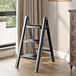 waqif 3 Step Ladder,Lightweight Folding Step Stool with Anti-Slip Pedal 200kg Portable Sturdy Steel Ladder for Adults,Multi Purpose Folding Ladder for Home Kitchen Office,Space Saving, Black-12