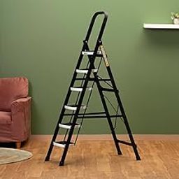 BonKaso Premium Alloy Steel Heavy Duty Multipurpose Foldable 6 Step Ladder with Connecting Frame & Belt Support for Home and Outdoor - (Black)-7