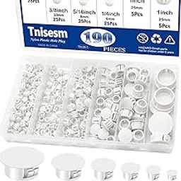 Tnisesm 160Pcs 6 Sizes Nylon Plastic Hole Plugs White 1/5" 1/4" 5/16" 3/8" 1/2" 1" Round Drill Hole, Flush Type Panel Knockout Locking Plugs, Black Screw Covers for Furniture Cabinet Insert End Caps-image-68
