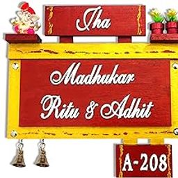 Decorative Wooden Name Plate for Home office Entrance, wall door mounted, 30 x 30 cm,Brown and Golden Color with Brass Bells, 3D Acrylic Letters-image-74