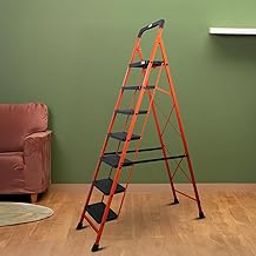 BonKaso Premium Steel Multipurpose Climb Easy Anti-Slip 7-Step Foldable Ladder with Safety Clutch Lock, Support Handle and Tool Tray for Home - (Orange & Black)-18