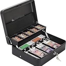 Cash Box With Lock Key And Money Tray Large Money Box For Cash Register Metal Lock Box For Money Safe 11.8" X 9.4" X 3.54" Black-image-7
