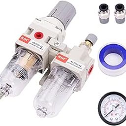 RIH Pneumatics Compressed Air Filter Regulator Lubricator Combo Water/Oil Trap Separator - Gauge(0-150 psi), Semi-Auto Drain, Poly Bowl,Bracket - 3 in 1 Two Unit (1/4" NPT)-image-46