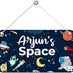 ASHVAH Space Theme Personalised Kids Name Plate Wall/Door Sign Kids Room Décor- Size :- 28 x 14 cm, Name - Arjun-image-51