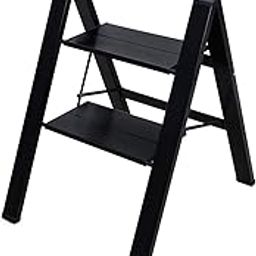 BAOYOUNI 2 Step Ladder Lightweight Folding Aluminum Step Stool Heavy Duty Stepladders Storage Shelf Rack with Anti-Slip Wide Platform for Household, Office, Painting - Black-picture-13