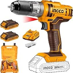 Ingco 54Pcs Impact Drill Machine Kit,20V Lithium-Ion Impact Drill Machine,Auto-Lock Keyless Chuck,Spindle Lock Function,45Nm,18+1+1 With 2 * 2.0Ah Batteries,1 Fast Charger, 3 Drill bits, Multicolor-1