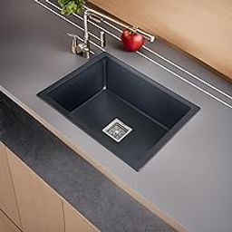 REMANENCE Granite Quartz Single Bowl Kitchen Sink With Drain Board, Drain Rack And PVC Waste Pipe-Flushmount/Undermount/Top Mounted Kitchen Sink, Matt Finish (Black, 24 X 18 X 9 Inch)-image-59
