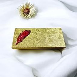 Elites Exclusive, Designer Cash Box, Shagun, Jewellery Box, Gaddi Box, Money Box, Engagement Cash Box, Gift Box for Weddings, Birthdays, Anniversary - Golden with Red Feather Design.-12