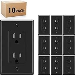 KULED Decorator Socket, 15A 125V Standard Electric Wall Socket, Tamper Resistant, Grounding UL Listed Glossy Black (Outlet with Wall Plates 10 pack)-65