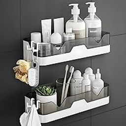 Plastic Bathroom Accessories, Bathroom Rack, Bathroom Shelf Organizer, Wall Mounted Shelf, Bathroom Hardware and Accessories, Storage Racks (2 Shelf and 4 Hooks), Multi-32