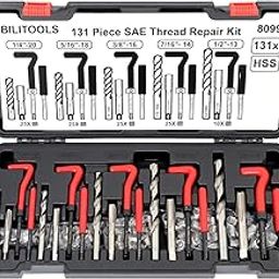 BILITOOLS Thread Repair Kit, 131-Piece HSS Drill Helicoil Repair Kit SAE 1/4" 5/16" 3/8" 7/16" 1/2"-0