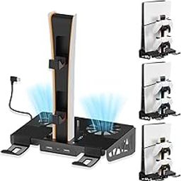 Cestbella Wall PS5 Slim Cooling Station with Controller Charging Station Stand, Wall Mount Kit PS4 Slim Disc Digital Editions Console PS5 Accessories Cooling Station with Headset Holder USB RGB Light-16