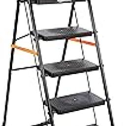 Amazon Basics Clamber - Foldable Step Ladder, Safety-Clutch Lock, Ribbed Steps, Knee Guard, Non-Marring PVC Shoes, 5 Steps (Steel, Black & Orange)-37