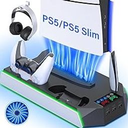 PS5 / PS5 Slim Cooling Station with Controller Charging Station - LED Light Cooling Stand for PlayStation 5 Slim Disc/Digital Console, Accessories Incl RGB Light/Cooler Fan/3 USB Hubs/Headset Holder-17