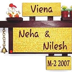 Personalized Wooden Home Entrance Name Plate, Multicolor Wall Hanging for Flat, House, Villa, office. Customer Family Name Board with Decorative Elements like Bells, Flowers, Cartoon Figures-image-31