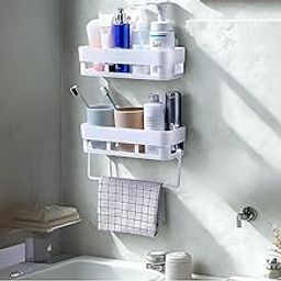 RZone STORE Bathroom Storage Organizer with Towel Rack – 2-Tier Wall-Mounted Shelves | Self-Adhesive, No-Drill, Waterproof Rack for Bathroom, Kitchen & Wash Area (White, Pack of 1)-image-27