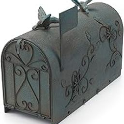 MEIYIHUI Heavy Duty Galvanized Steel Mailbox Post, Rural Mail Box Postal Storage Box with Bird Decoration (Vintage Green)-2