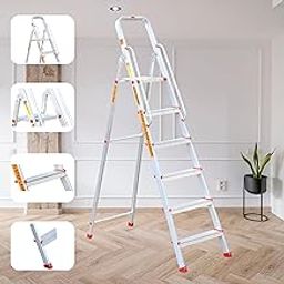 Prime Safe Pro 6 Step (5+1) Foldable Aluminium Ladder for Home and Office Use with Hand-Rails | Anti-Skid PVC Shoes | Garment Guards | Heavyduty Antiskid Platform-image-77