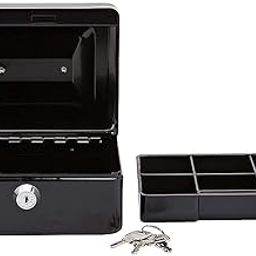 Steel Cash Box with Key Lock, Metal Small Money Organizer with Money Tray,Cash Storage Box with Lockable Cover, Jewelry Safe Locker with Plastic Coin Tray (BLACK)-7