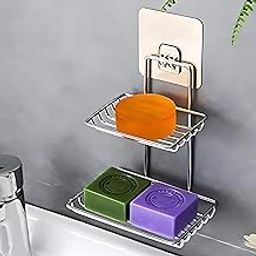 HOMIFYHUB - Stainless Steel Soap Holder Wall Mounted Self Adhesive Wall Mount Soap Stand for Bathroom Double Layer Soap Tray Wall Hanging Waterproof Kitchen Accessories Silver Colour (Set of 1)-image-71