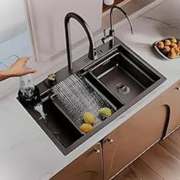 DOLANTO Kitchen Sink 30"x18"x9" Waterfall Kitchen Sink with Integrated Waterfall & Pull-Down Faucets | 304 Grade Stainless Steel Nano Black Finish Waterfall Sink for Kitchen-image-82