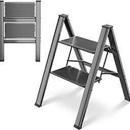 TLGREEN 2 Step Ladder,Aluminum Step Ladder, Portable Step Stool with Anti-Slip Wide Pedal, 330LBS Capacity, Lightweight Stepladder for Kitchen, Office, Home, Garage (Black) (Black, 2 Step)-image-35