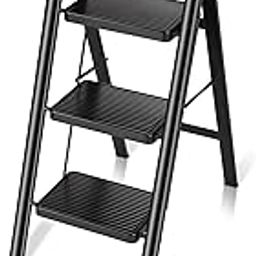 3 Step Ladder, Folding Step Stool with Anti-Slip Wide Pedals, Sturdy Steel Frame, 330 lbs Capacity, Lightweight & Portable for Home, Kitchen, and Office Use (Black)-image-48