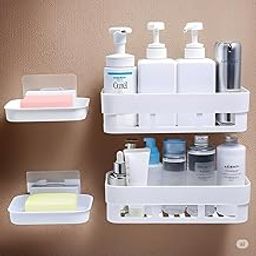 Verafina Bathroom Shelf for Wall, Self-Adhesive Bathroom Organiser with Towel Holder, Ideal Bathroom Accessories for Efficient Space Utilisation (2 Bathroom Shelves+ 2 Shop Dish (White), 4 Pack)-image-71