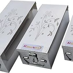 Stainless Steel Locker Boxes Jewellery Boxes Cash Peti Set (Multi_Pack of 3) Size -8 Inch, 10 Inch, 12 Inch. With Laser Printed Design - Silver)-12