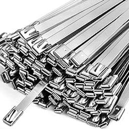11.8 Inch Metal Cable Zip Ties 100 Pcs,Stainless Steel Exhaust Wrapped Heavy Duty Locking Cable Tie-Suitable for Vehicles, Pipes, Fence, Outdoor and Canopy Etc.-48