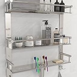 Stainless Steel 3 Layer Multipurpose Organizer Shelf for Bathroom with Double Soap Dish and Toothbrush Holder Soap Holder for Bathroom Accessories (15 x 5 x 19 inch, Mirror Finish)-4