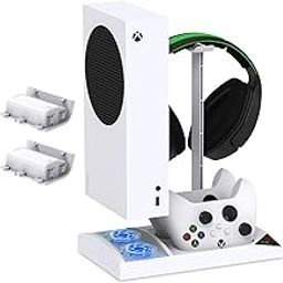Vertical Cooling Stand for Xbox Series S Console and Controller, Cooler Fan System Cooling Charging Station with 2 x 1400mAh Rechargeable Battery, Headphone Bracket Stand for Xbox Series S- White-image-92