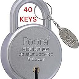 Foora lock and keys door lock for home round 65mm padlock with 40 keys and 1 key chain antitheft double locking 8 lever gate, shop shutter finish silver Good for rental Apartment hostel (40 Keys Foora Round 65)-44