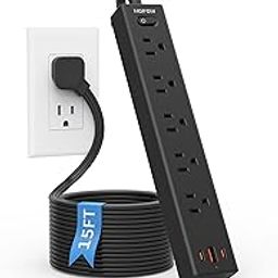 HOPOW - Flat Plug Power Strip, 15ft Ultra Thin Flat Extension Cord, Surge Protector with 5 Outlets and 3 USB Ports (2 USB C), 1700 Joules, 3 Prong,-image-26
