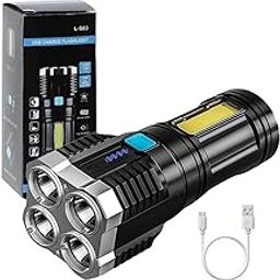 4-core Super Bright Flashlight LED Torch Strong Light USB Rechargeable Outdoor Multi-Function Lamp Tactical Camping Searchlight COB Light, Black-28
