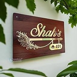 iCreations Home Door Name Plate with Golden Acrylic Solid Letters with wooden pattern (8x12 Inch)-picture-13