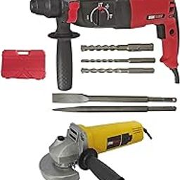 Inditrust with 6 months warranty 1250W 26 mm Reversible Rotary Hammer Drilling Machine 3 Modes & SDS 5-Drill Bits With Case + 950W 4-Inch Angle Grinder (RED) 100% Copper Winding-1