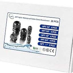 RTHIEAI IP68 Waterproof NPT Cable Glands Assortment - 20pcs Cord Grip for Cables 1/4'', 3/8", 1/2", 3/4", 1'' - UL Listed and RoHS Compliant - Nylon Strain Relief-16