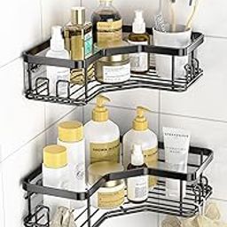 Corner Bathroom Shelf Organizer – Rustproof Wall-Mounted Storage Rack with Hooks for Toiletries, Shampoo, Soap & Toothbrush – Space-Saving Metal Shelf for Kitchen & Bathroom-image-88
