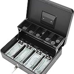 Drofail Locking Large Metal Cash Box with Secure Lock Coin Tray 5 Compartments with Cover & 4 Spring-Loaded Clips for Bills 30 cm x 24 cm x 9 cm, Black-image-39