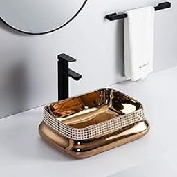 REMANENCE Wash Basin Countertop | Tabletop Ceramic Bathroom Sink | Wash Basin Over Counter | Wash Basin For Bathroom (18 x 13 x 5.5 Inch) (Golden Glossy Finish-Square)-21