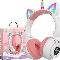 YUSONIC Unicorn Kids Headphones for Girls,Unicorn Bluetooth Headphones Foldable for Girls Toddlers Tablet/pad/Amazon fire,Light Up Kids Wireless Headphone Birthday Gifts (White Pink)-23