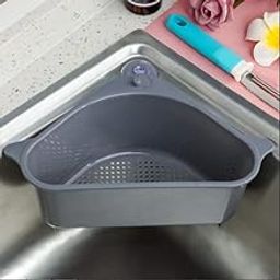 HAKKU Triangular Shape Sink Basket, Corner Kitchen Sink Strainer Basket, Multi-Function Water Storage Tank Drain Rack for Kitchen, Bathroom, Soap Box Organizer (Light Grey, 1)-4