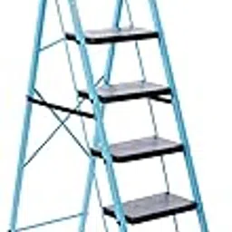 amazon basics - Foldable Step Ladder with Tool Tray, Safety-Clutch Lock, Ribbed Steps, Anti-Skid Rubber Shoes, 6 Steps (Iron Ladder, Black & Blue)-picture-49