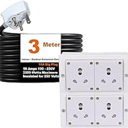 Cordnet Electric Power Strip, 16A 2500W 4 Power Socket Extension Board, Surge Protected, 3 Meter Cord for Home, Office Appliances, Cooler, Fridge, Air Conditioner, PC (White) 220 Volts-image-95
