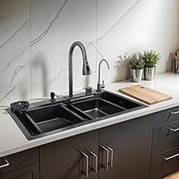 Ruhe® Nano Single Bowl Kitchen Sink with Integrated Waterfall | 30x18x9 inches | 304-Grade Stainless Steel Sink with Cup Washer and Drain Basket, RO Tap and Pull Out Faucet | Matte Finish - Black-10