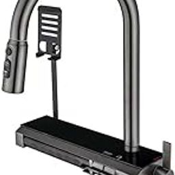 Auttler Modern Kitchen Faucet with Pull-Down Sprayer, Touch Control, Phone Mount, Black, Hot and Cold Water Phone Stand Pull Out Head Bubbling Mode Shower Mode Waterfall Mode + 90 Degree Rotation-image-55