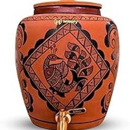 Red Clay Earthen Water Pot Peacock Design with Metal Tap, Lid and 11 Liters Capcity-image-1